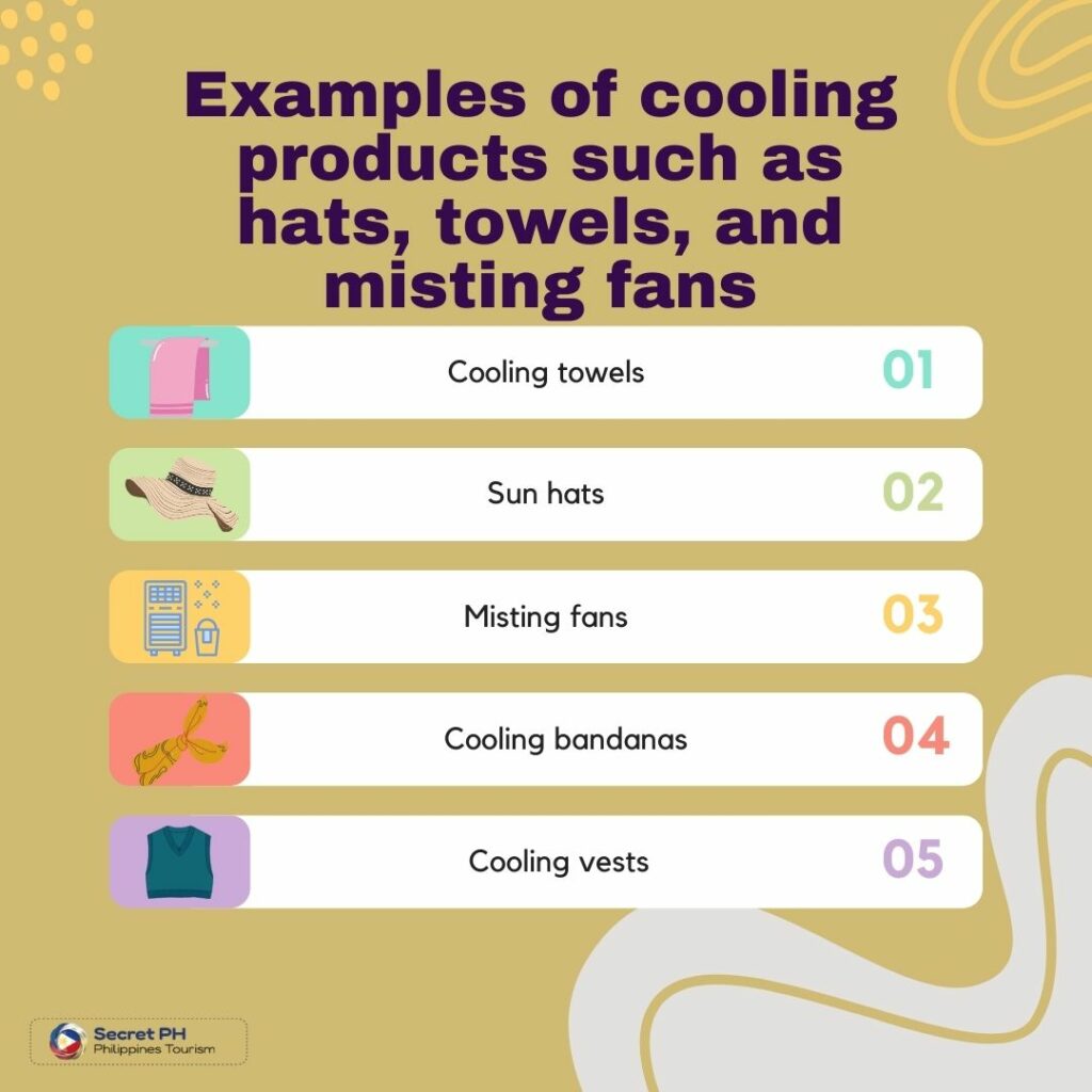 Examples of cooling products such as hats, towels, and misting fans