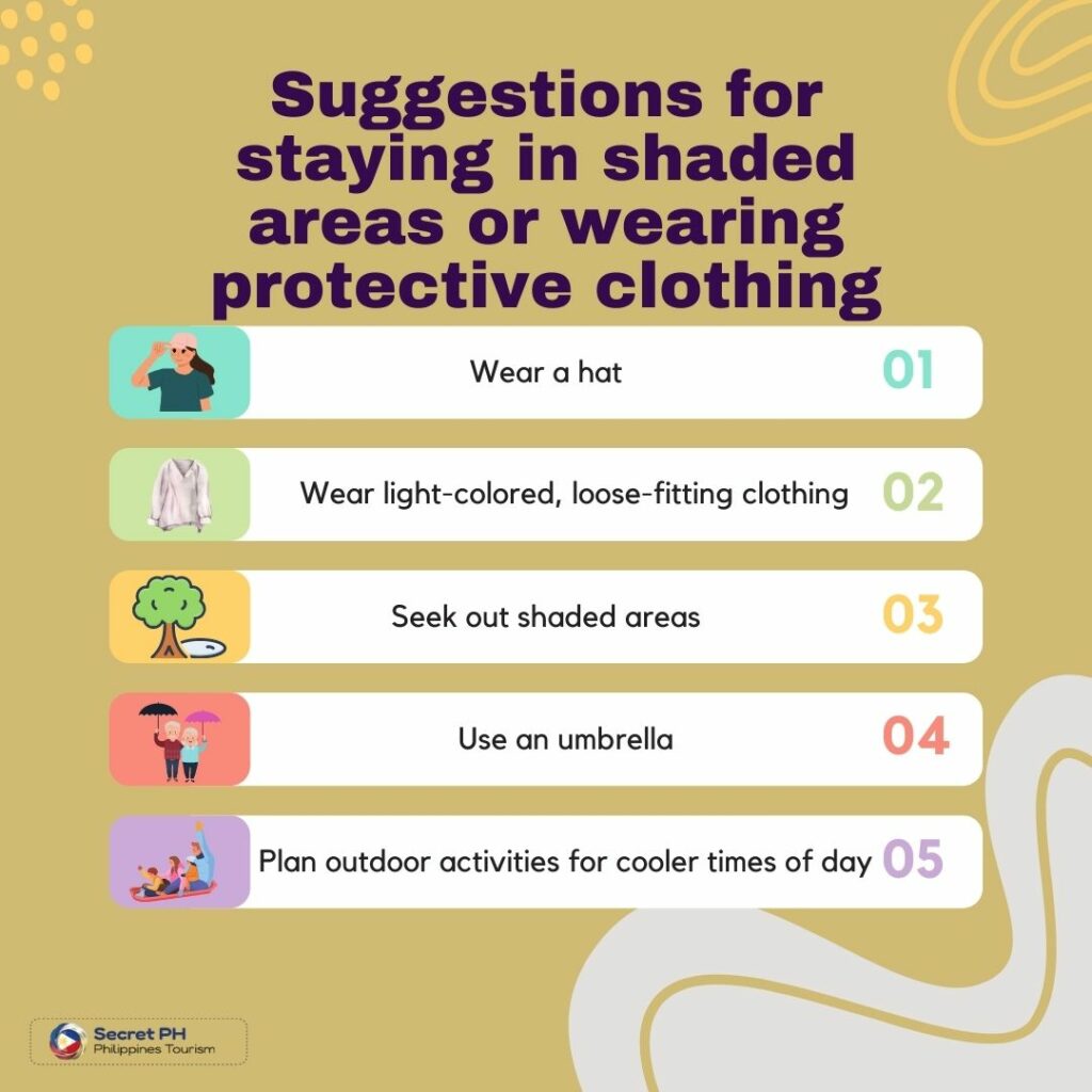 Suggestions for staying in shaded areas or wearing protective clothing